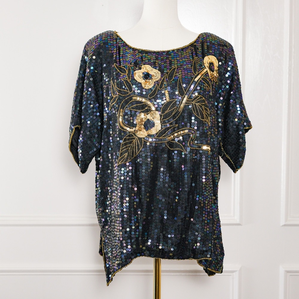Cee Cee Sequin Top Womens Vintage Floral Beaded Silk 20/40 Black India Flaw